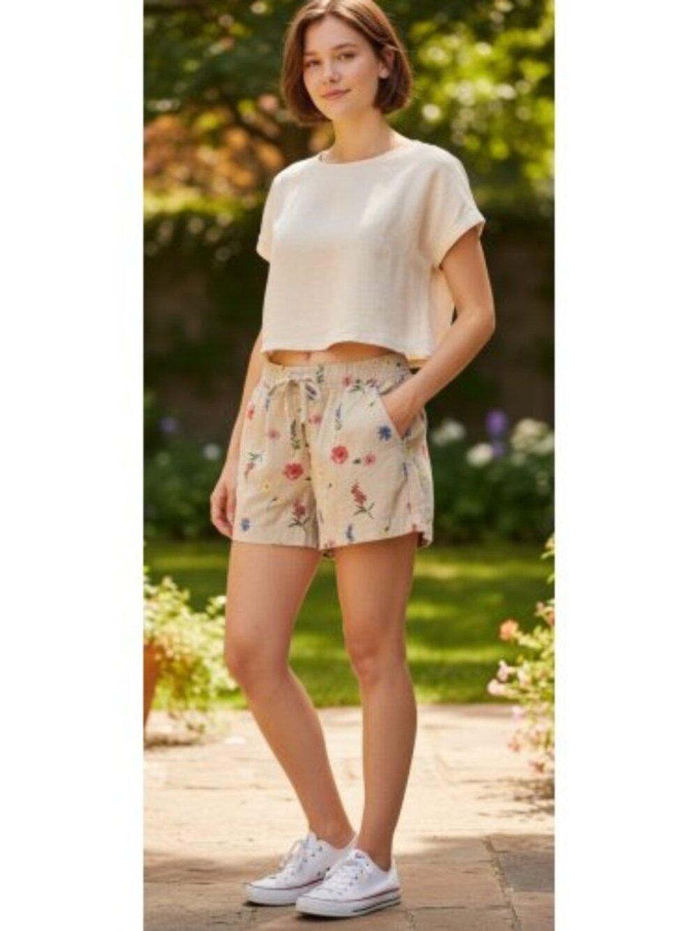 OLD NAVY Tan Floral Print Linen Shorts Girls Size 10-12 Pockets